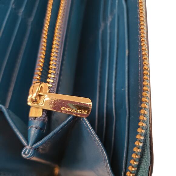 Coach Womens Accordion Zip Wallet Teal Blue Leather Wallet - Picture 10 of 16